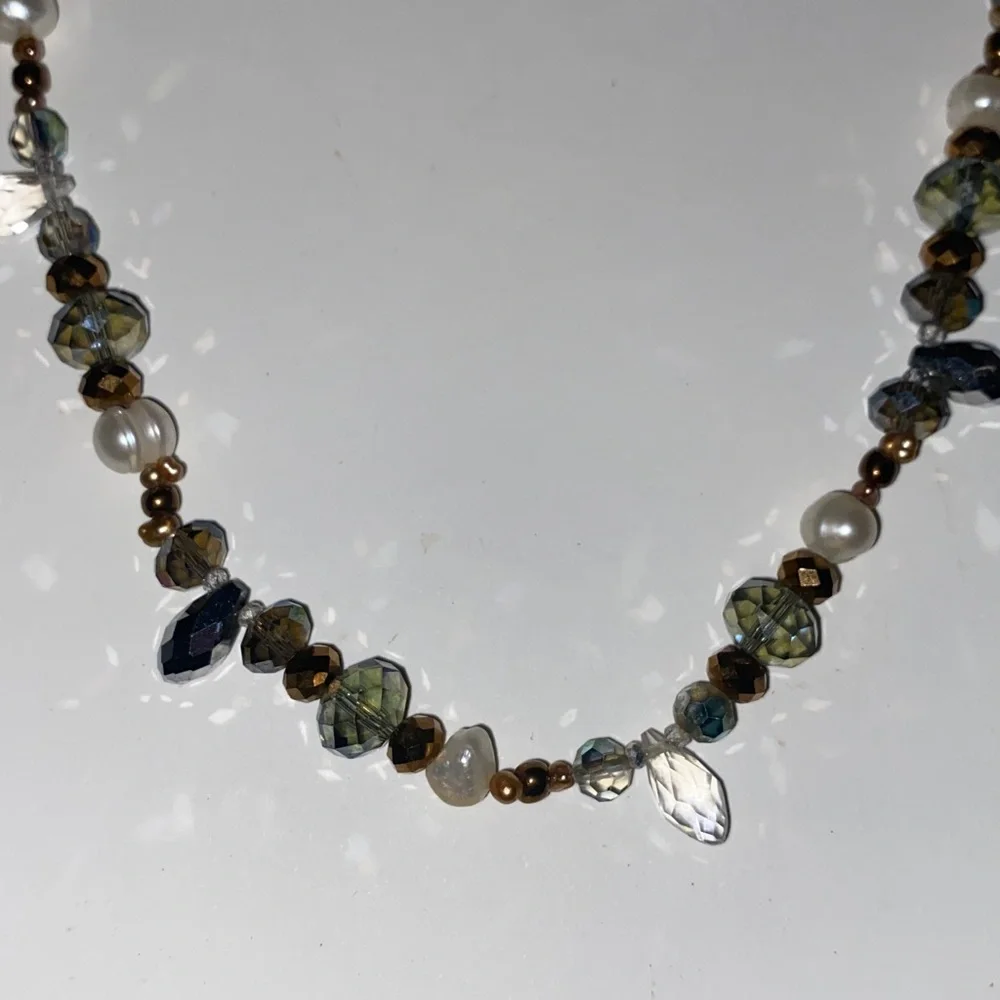 Beaded Necklace Featuring Grey, Brown and White Beads Including Pearls 17” L